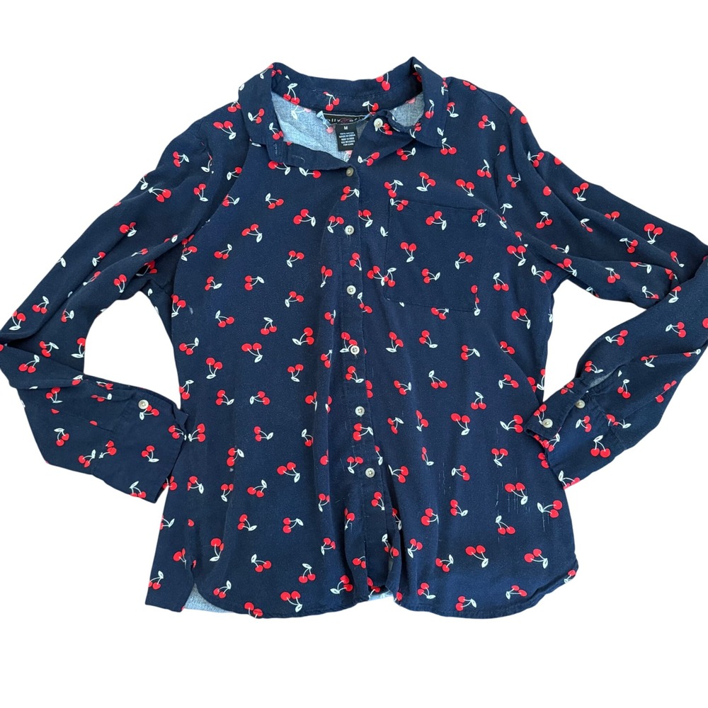 Polly & Esther Cherry Print Button Down Shirt Long Sleeve‎ Womens Size M Novelty